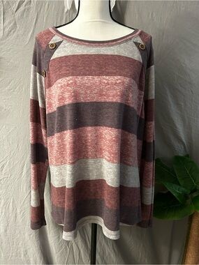 Striped Boatneck Long-Sleeve Top in Mauve, Charcoal & Light Gray